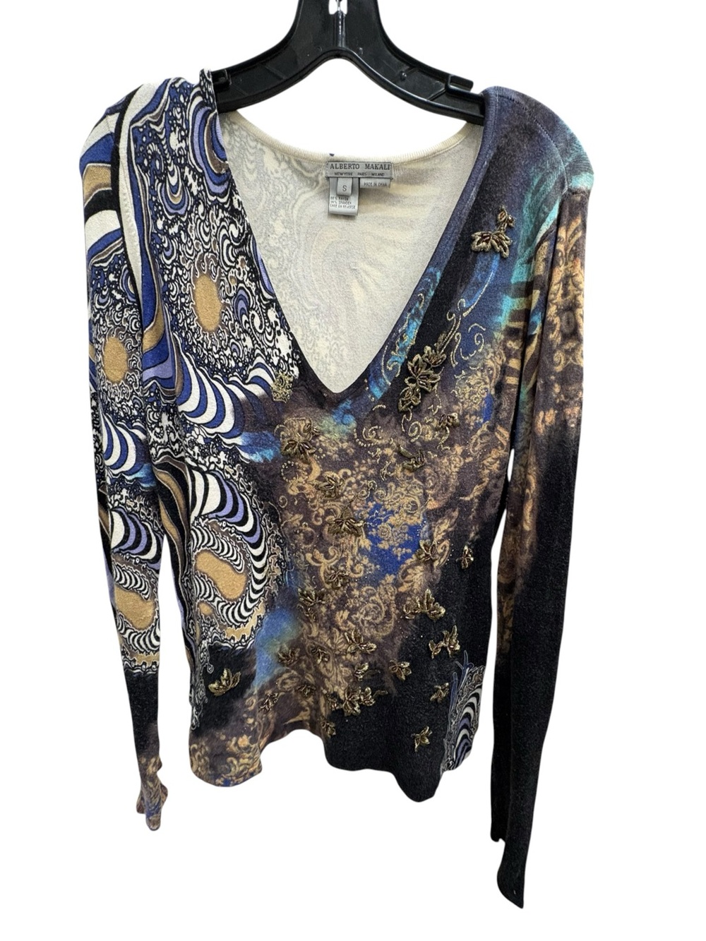 Alberto Makali Embellished V Neck Top Blue Brown Floral Size S